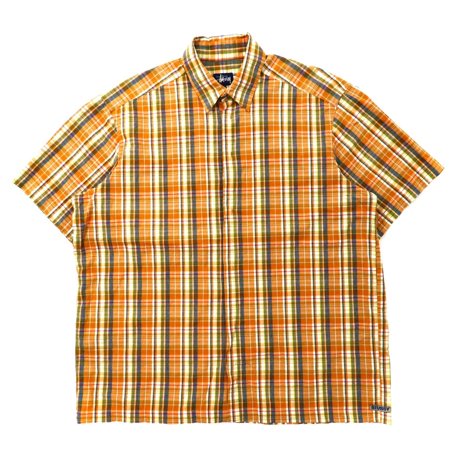Stussy Short Sleeve CHECKED Shirt M Orange Cotton Navy Tag 90s USA Made