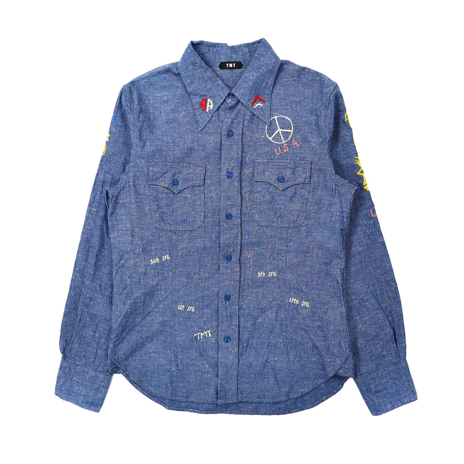 TMT シャンブレーシャツ M ブルー コットン 総柄 刺繍 日本製-TMT-古着