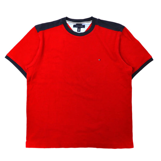 TOMMY HILFIGER ビッグサイズ リンガーTシャツ XL レッド コットン ワンポイントロゴ刺繍-TOMMY HILFIGER-古着