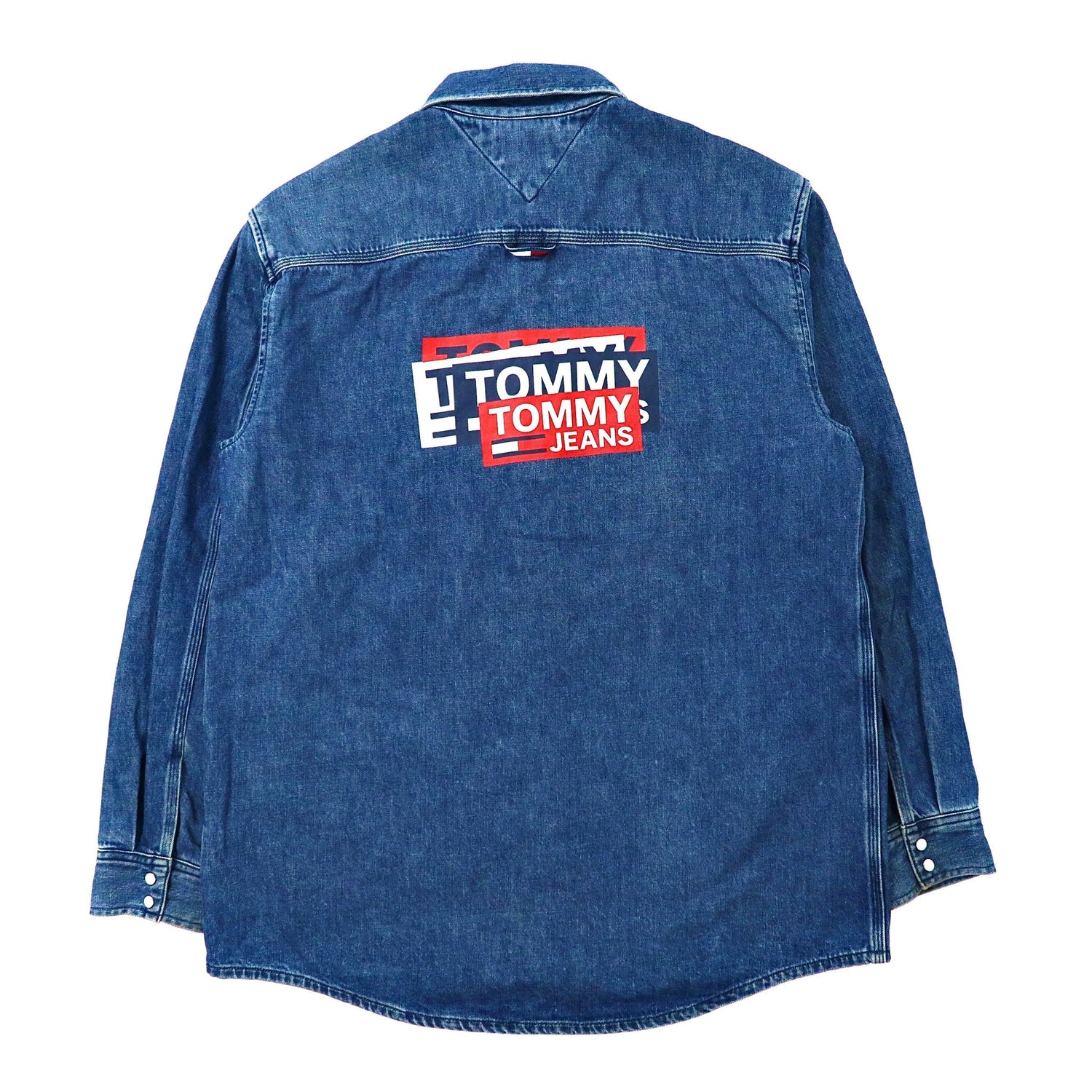 TOMMY JEANS バックグラフィック デニムシャツ L ブルー スナップボタン DM0DM06735-TOMMY JEANS-古着