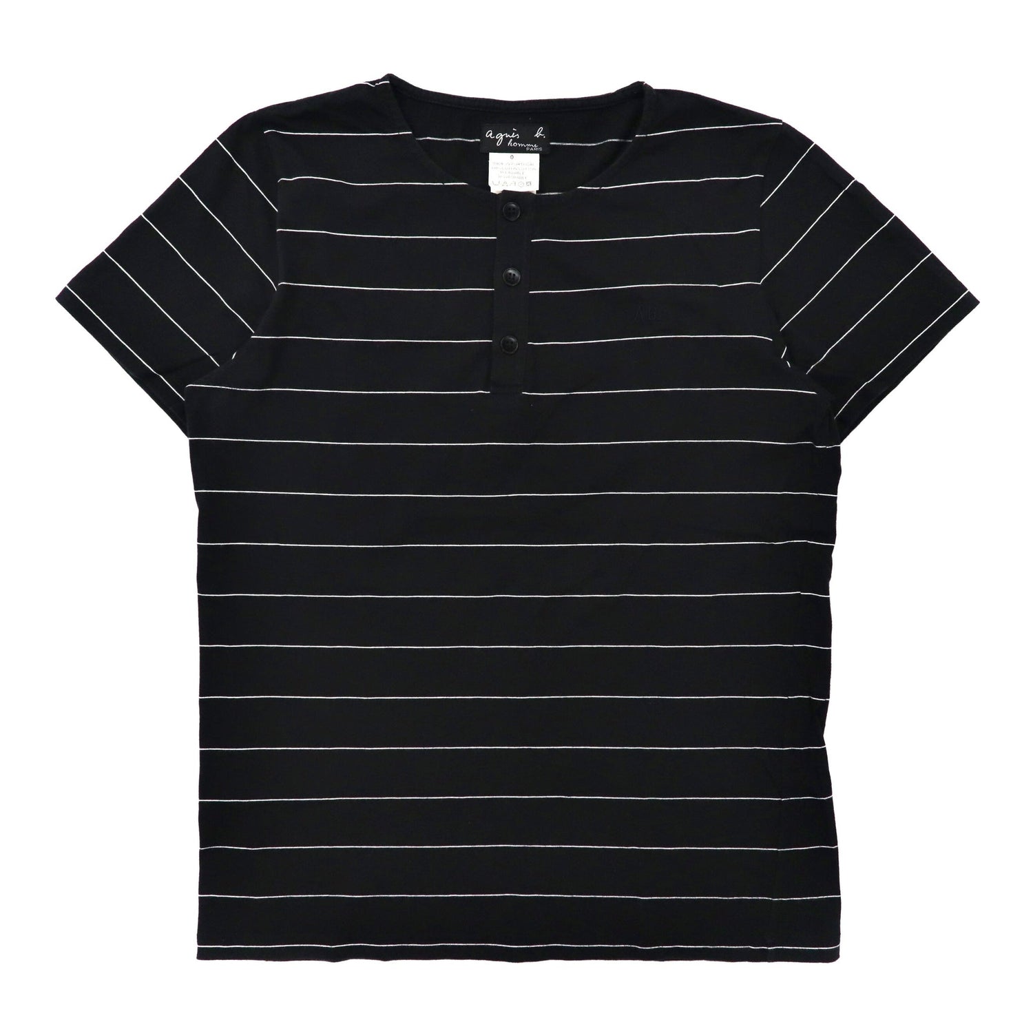 agnes b. homme ヘンリーネックTシャツ 0 ブラック ボーダー スモールロゴ刺繍 ポルトガル製-agnes b.-古着