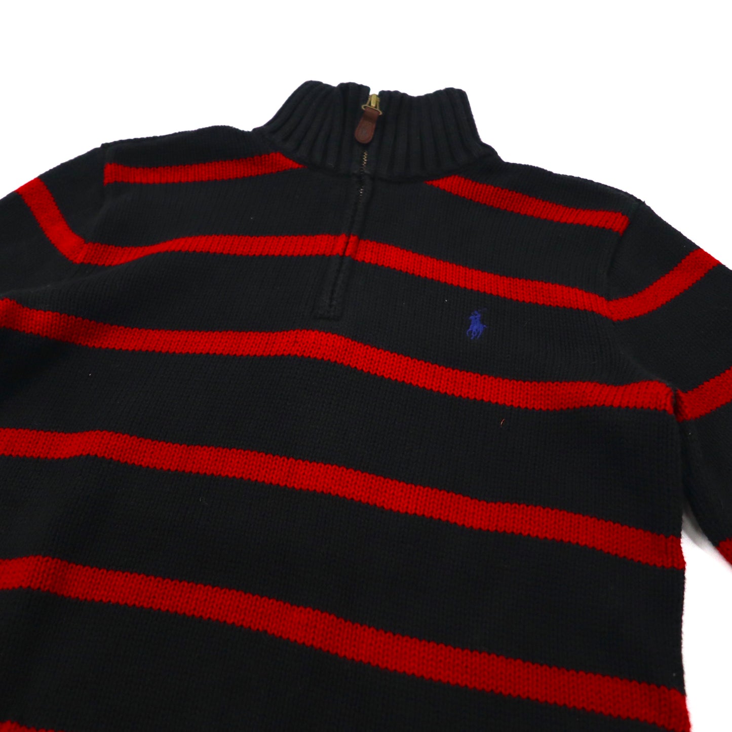Polo by Ralph Lauren ハーフジップニット M ブラック レッド ボーダー ケーブル編みロゴ刺繍
