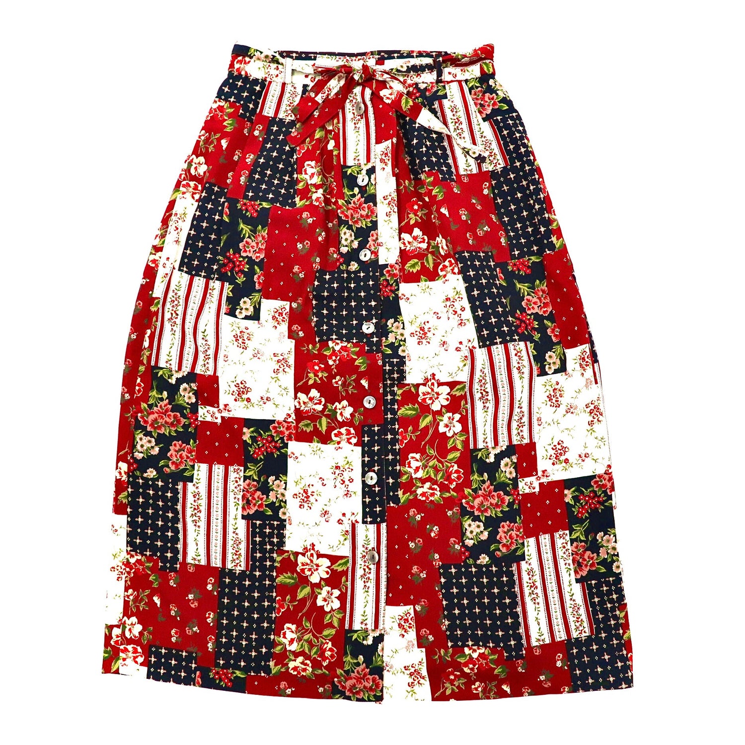 Retro Frare Skirt F Red Floral Patchwork A Line Front button Japan